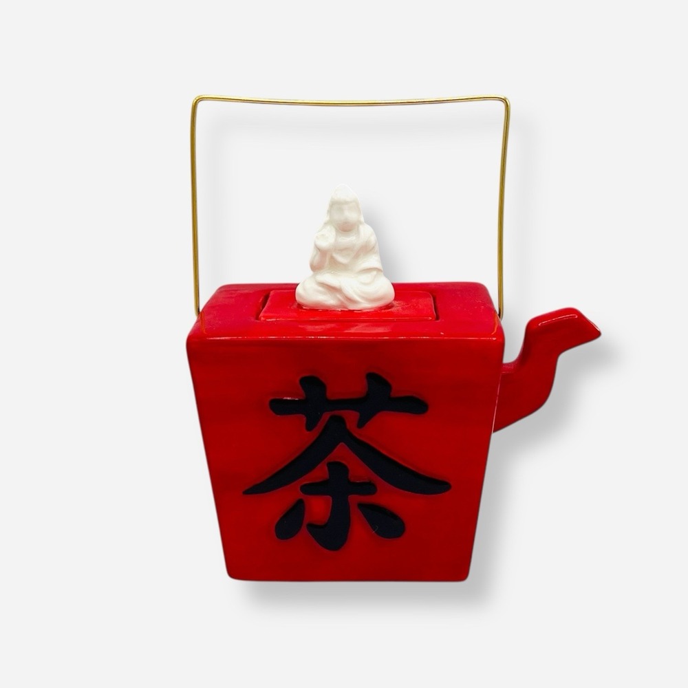 Fitz Floyd Ceramic Red Take Out Chinese Food Box Teapot Tea Buddha